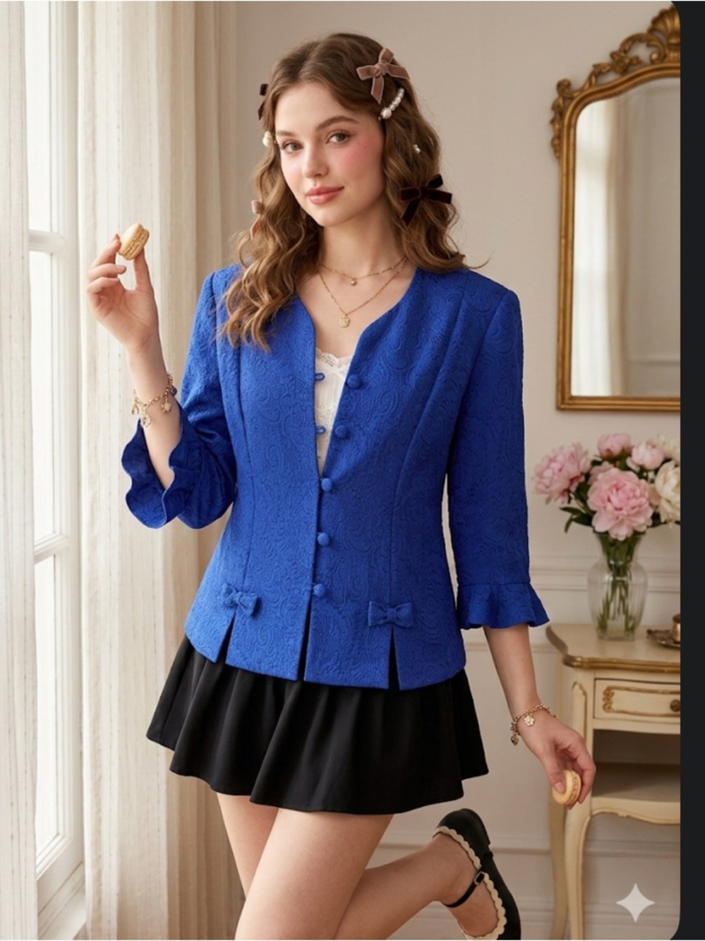Lady Dorby Royal Blue Jacquard Blazer Jacket Size 20W Bow Detail Ruffle Cuff